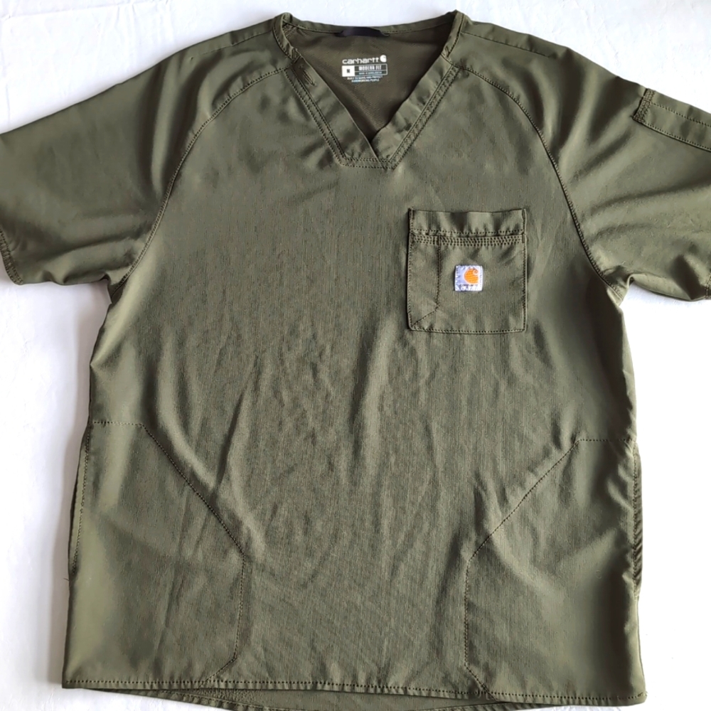 Men's Carhartt Force Green Scrubs Shirt Top Short Sleeve Size Medium